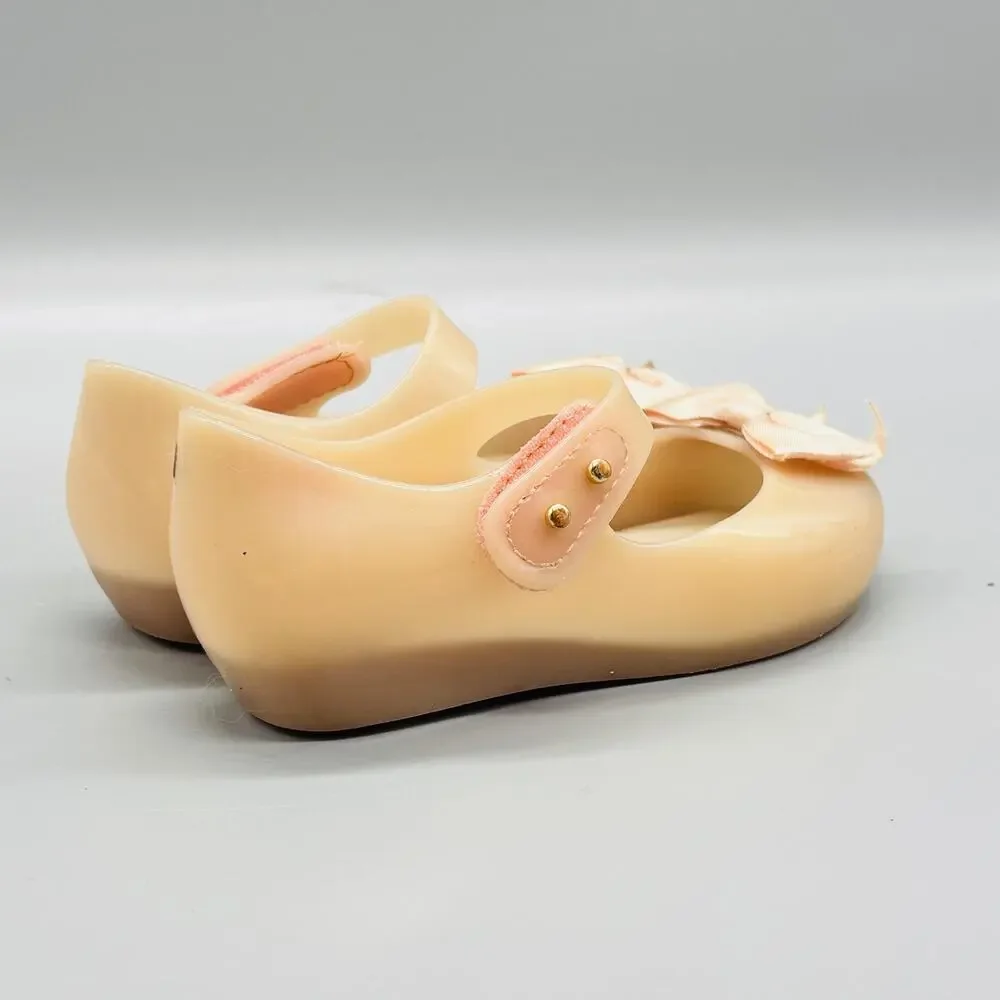 Mini Melissa Shoes Girls 8 Beige Jelly Mary Jane Bow Flat Dress Shoes Casual